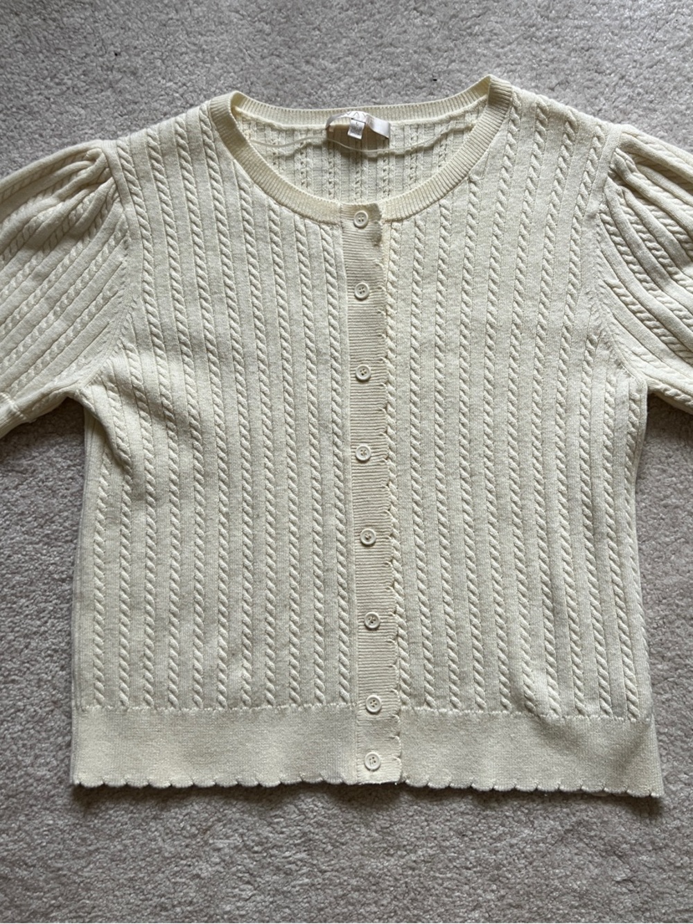 WAYF Sandra Feminine Cable Short Puff Sleeve Cardigan Cream / Ivory - Size L